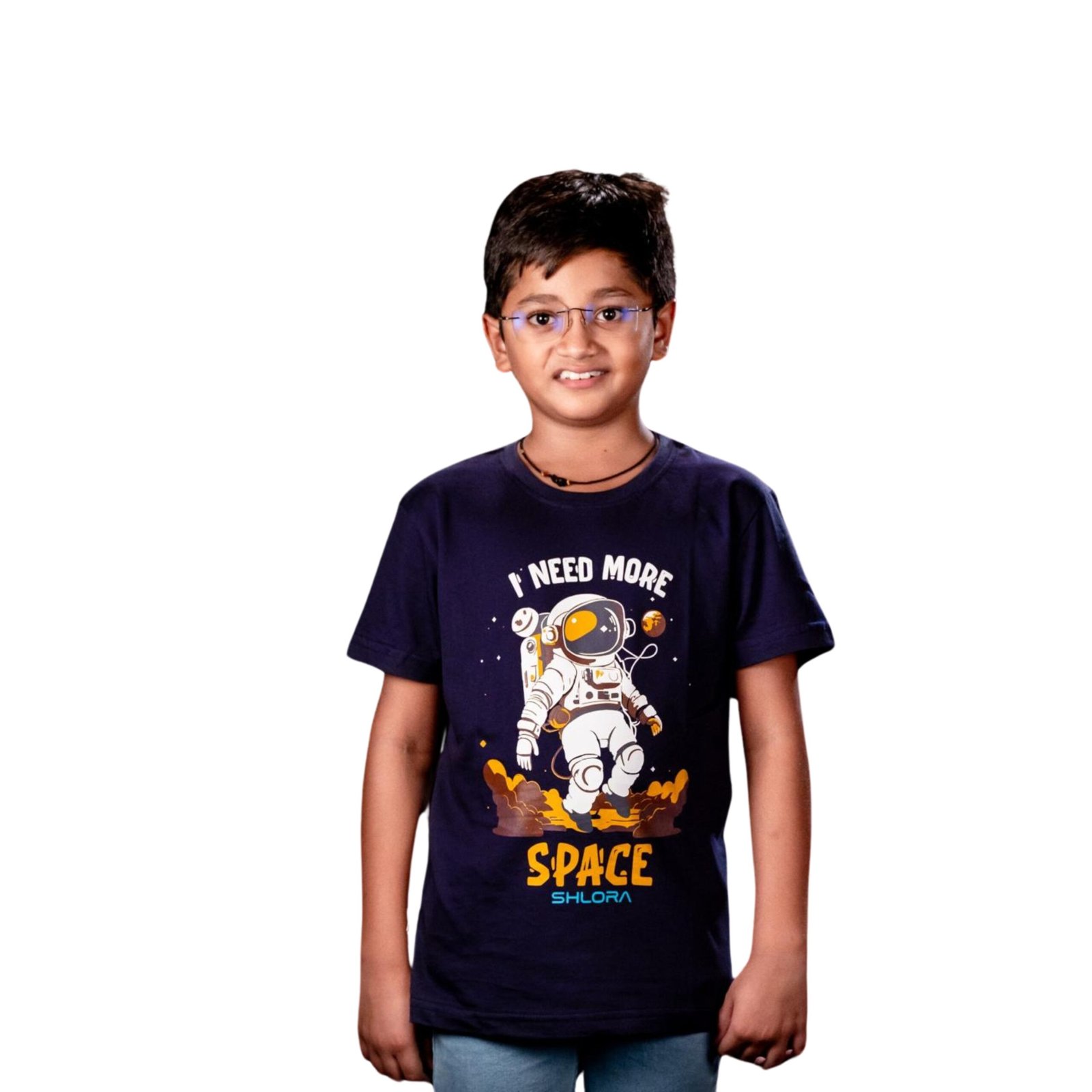 SHLORA Boys I Need Space Navy Knit Half Sleeves Round Neck T-Shirt